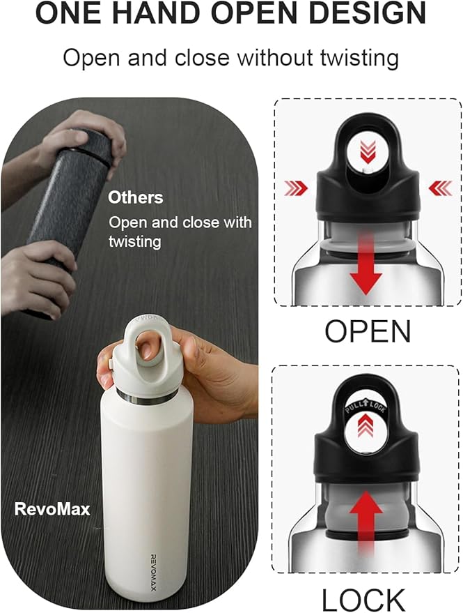 RevoMax 20oz Insulated Water Bottle, One-Hand Open Design, Vacuum Stainless Steel Water Bottles, Keep 36H Cold/18H Hot, Leakproof and BPA Free, Sports Flask for School,Travel, Gym