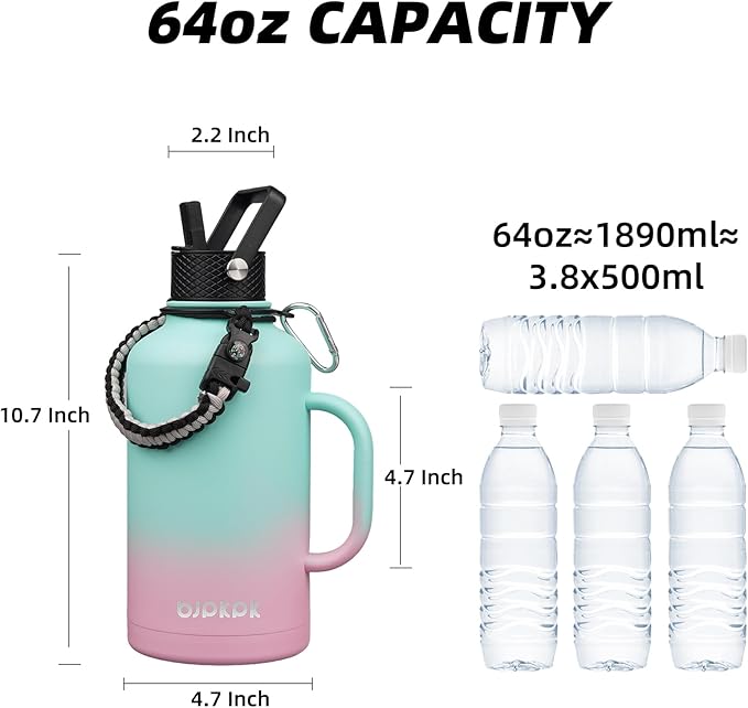 BJPKPK Half Gallon Insulated Water Bottles with Straw Lid & Side Handle, 64oz Large, Stainless Steel Water Bottles with 3 Lids and Paracord Strap, Metal Water Jug,Marshmallow