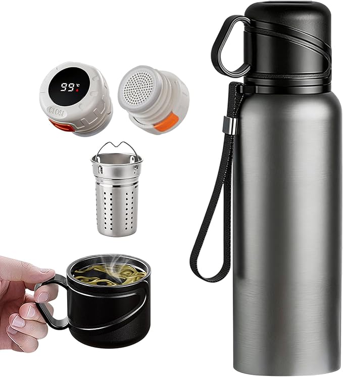 Double wall vacuum Leakproof stainless steel wide mouth insulated water bottle;tea tumbler with infuser,cup,lid;smart thermoses hot drinks;thermal flask ice coffee with led digital temperature display
