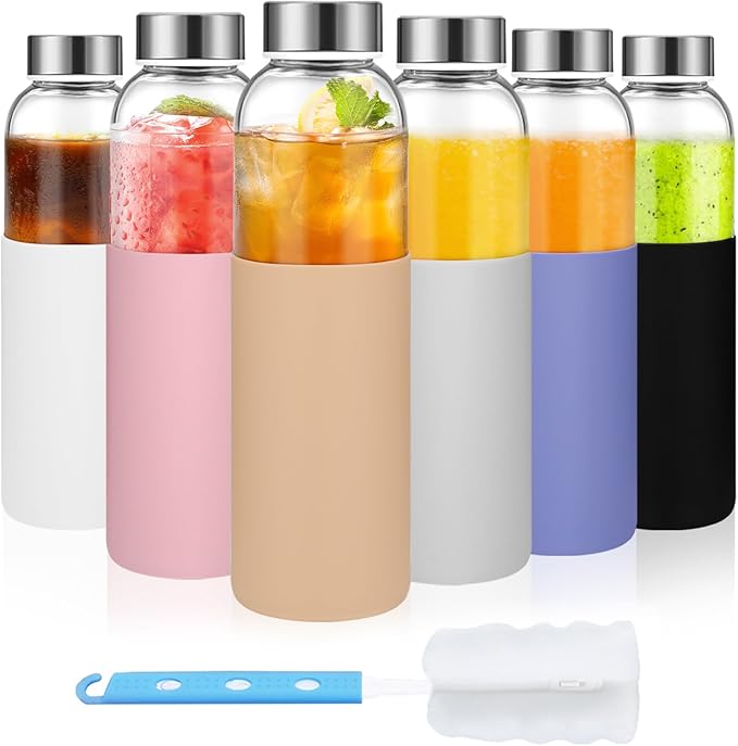 18 oz Glass Juice Bottles with Lids and Silicone Sleeve, 6 Pack Reusable Clear Glass Water Bottles with Stainless Steel Cap for Juicing, Refrigerator,100% Leak Proof, BPA Free Drinking Bottle