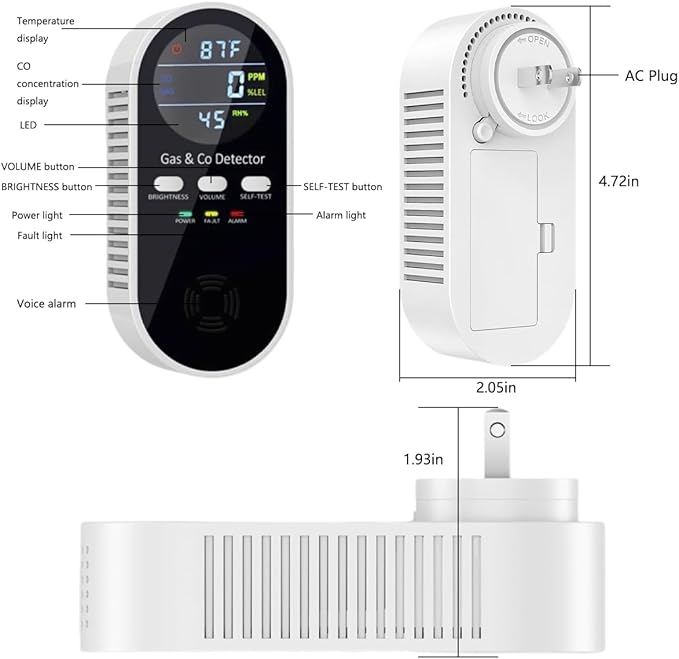 5 in 1 Carbon Monoxide Detector & Natural Gas Detector with Temperature Humidity Display，Battery Backup for Plug-in Co Detector and Combination Gas Suitable for Home/Hotel/Travel - 2Pcs