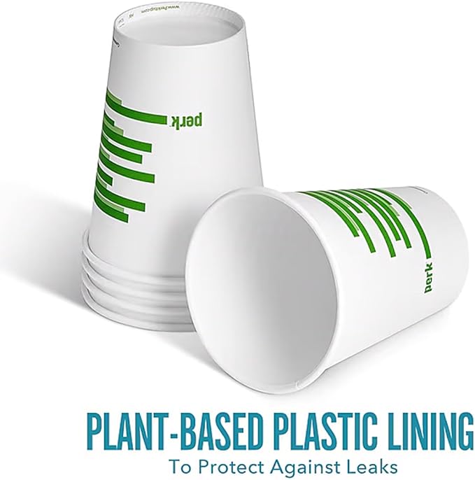 Perk Eco 12 Oz Compostable Paper Hot Cups, 500 Count Bulk Disposable Coffee Cups for Hot Beverages, White/Green