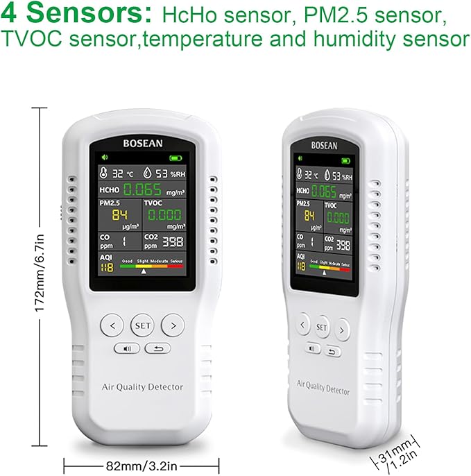8-in-1 Indoor Air Quality Monitor, Formaldehyde Detector, Temperature & Humidity Meter, Sensor, Tester Detect PM2.5, CO, CO2, HCHO,TVOC,AQI Micron Dust, Home Air Test Kits