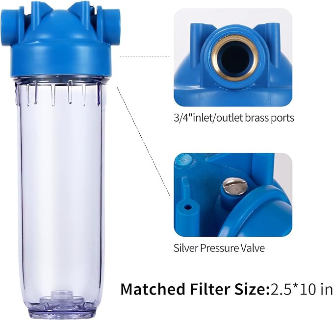 Geekpure 10-Inch Whole House Clear Water Filter Housing - 3/4" NPT Brass Port-Fit for 2.5" x 10" Filters (1)