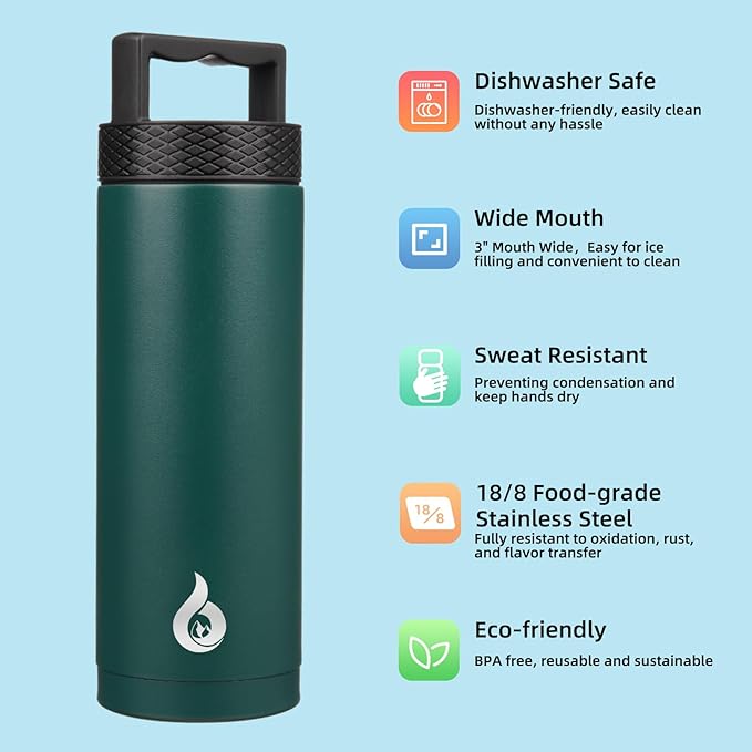 BJPKPK Insulated Water Bottles, Dishwasher Safe 18 oz Water Bottle with Handle, Leakproof BPA Free Thermal Flasks, Stainless Steel Jug for Sports, Army Green