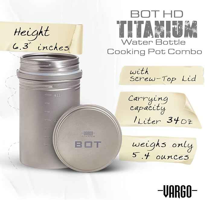 Vargo Titanium BOT Series | BOT-HD Bottle Pot – 1 Liter (34 oz.) Ultralight Water Bottle Cooking Pot Weighs 153 grams (5.4 oz.) | Backpacking Camping