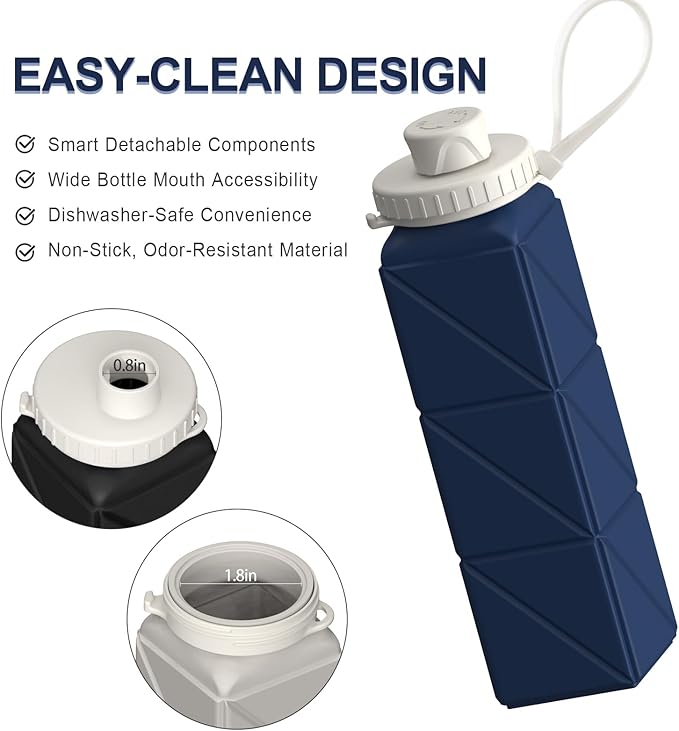 Collapsible Water Bottles 20.6oz 2 Pack, Silicone Foldable Portable Travel Water Bottle, BPA-free, Reusable Leakproof for Traveling Camping Hiking Cycling Sports Outdoor (Blue+Darkblue)