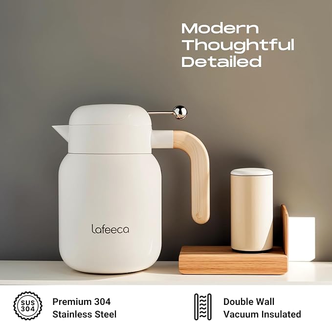 Aura Thermal Coffee Carafe Tea Pot for Keeping Hot & Iced Cold - Vacuum Insulated - Thermos Water Pitcher - Beverage Dispenser - Cool Touch Handle & Lid - BPA Free - 1 Liter - Dune