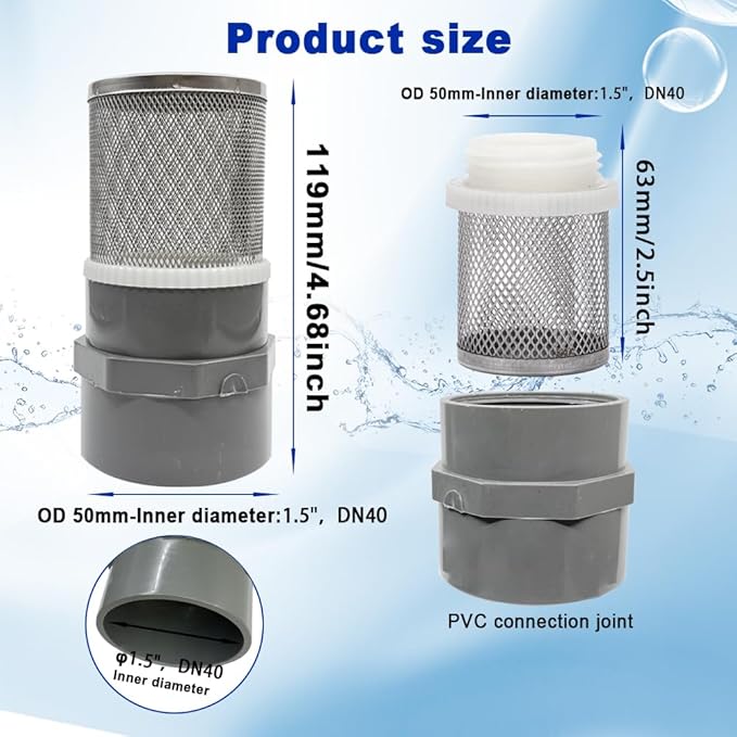 1.5" Stainless Steel Filter Cover Connected to 1.5 inch/DN40 Grey PVC Filter Water Pipe, Suction Strainers Used to Remove Debris and Reduce Solid Entry（1pcs）