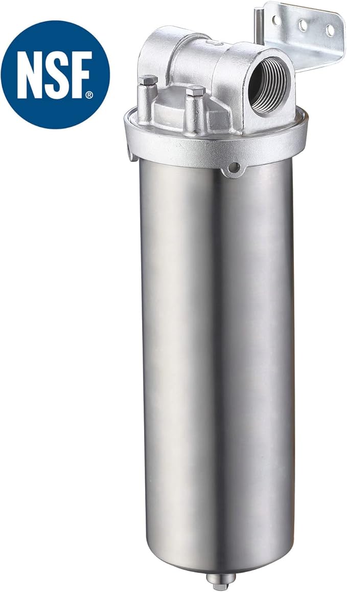 Amwater NSF/ANSI 42 Certification Stainless Steel Filter Housing for 10" Filter Cartridge, 1/2NPT Water Filter Housing for Whole House Water Purification of Stainless Steel 304