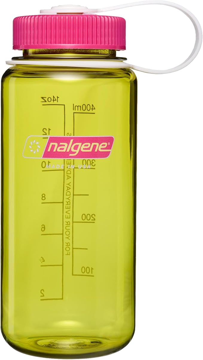 Nalgene 16 oz Wide Mouth Water Bottle | BPA-Free, Durable & Leak Proof, Lightweight, Fits In Cupholders – Thrill & Motion, Endive w/Fuchsia Purple