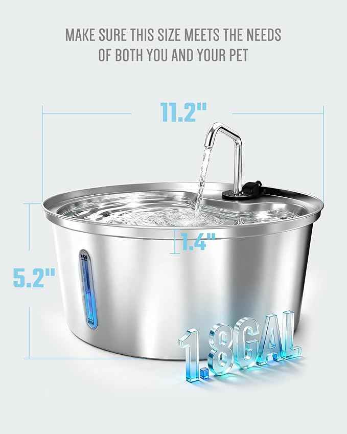 Dog Water Fountain Stainless Steel, 7L/1.8Gal Pet Fountain Water Bowl with Multi-Filtration & Deeper Drinking Aera, Large cat Water Fountain with Water Window & LED, Ultra-Quiet