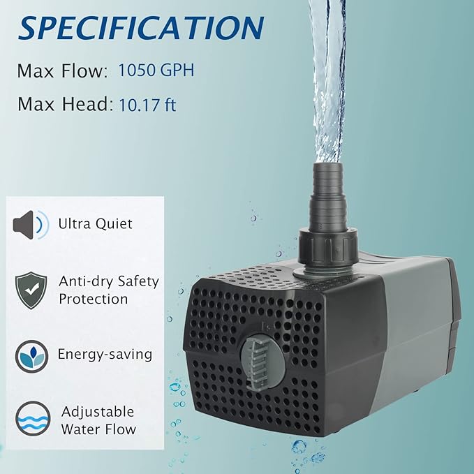 WaterRebirth HSUP4000F Versatile Submersible Pump - Fountain Jets for Ponds, Fish Tanks, Water Gardens - Aquarium & Pond Pump (4000L/H) - AquaVibe