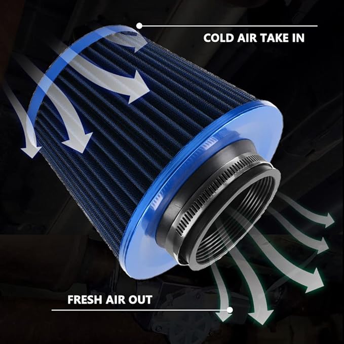 muge racing 3-inch Cold Air Intake Filter 76mm, High Performance Clamp-On Engine Intake Air Filter, Washable Reusable & Universal Round Tapered Replacement Air Filter, Blue