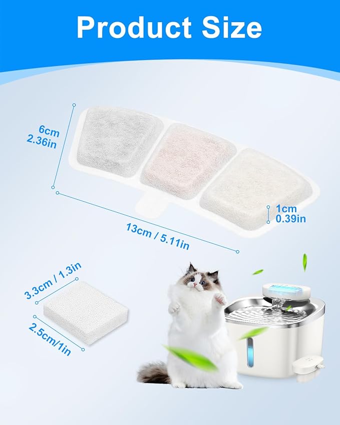 8+8 Pack Cat Water Fountain Filter Replacement Compatible with oneisall PW04 3.5L/118oz, Cat Fountain Filters Replacement Fit for oneisall, Multilayer Filters System, 8 Filters + 8 Sponge
