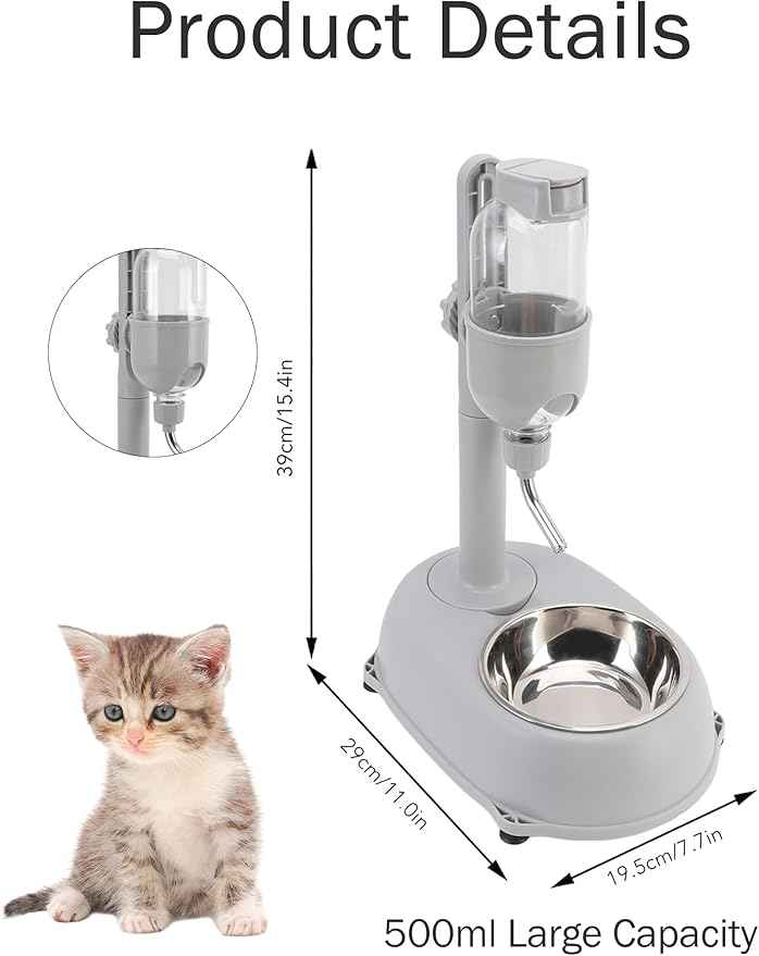 Pet Water Dispenser, Pet Standing Water Dispenser Bowl, 2 in 1 500ml Multifunctional Detachable Height with Stand for Dogs Cats