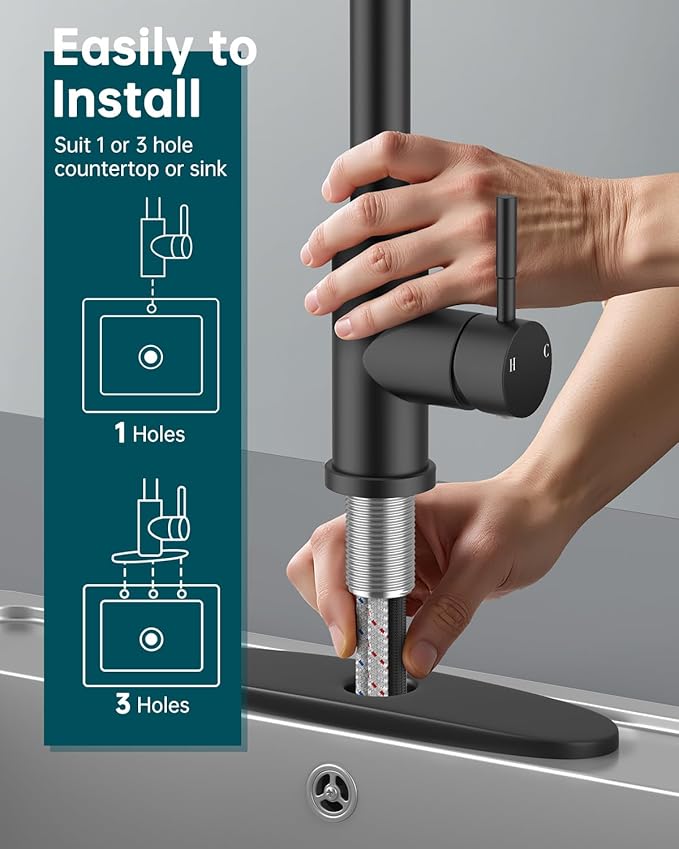 Kitchen Sink Faucet with Pull Down Sprayer with Deck Plate, 1 or 3 Holes High Arc Faucet, Stainless Steel Modern Bar Sink Faucets for Pot Filler, Farmhouse Laundry, RV Bathroom (Black)