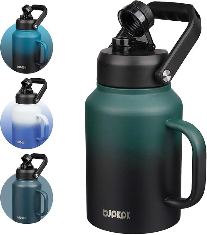 BJPKPK 64oz Insulated Water Bottle with Handle, Large Dishwasher Safe Half Gallon Water Bottle, BPA Free Water Jug, Wide Mouth Metal Flasks with Anti-slip Bottom, Army Green & Black