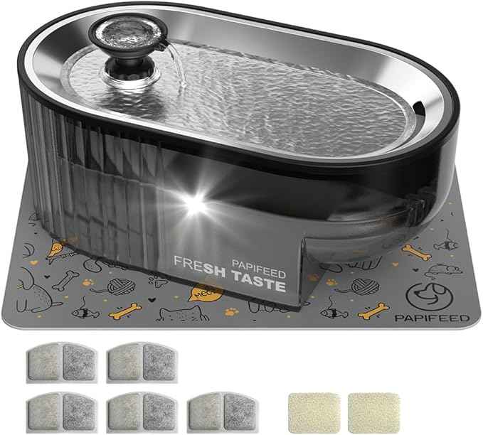 Cat Water Fountain Stainless Steel with a Silicone Mat, 84oz/2.5L Automatic Cat Water Fountain with Water Level Window and LED Light, Quiet Low Power Cat Water Bowl & Cat Water Dispenser(Black)