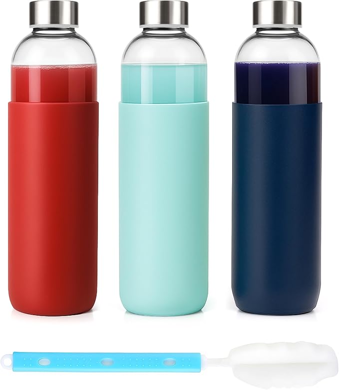32 oz Glass Juice Bottles with Lids and Silicone Sleeve, Reusable Refillable Water Bottles for Juicing, Refrigerator,100% Leak Proof, BPA Free, Clear Glass Set of 3