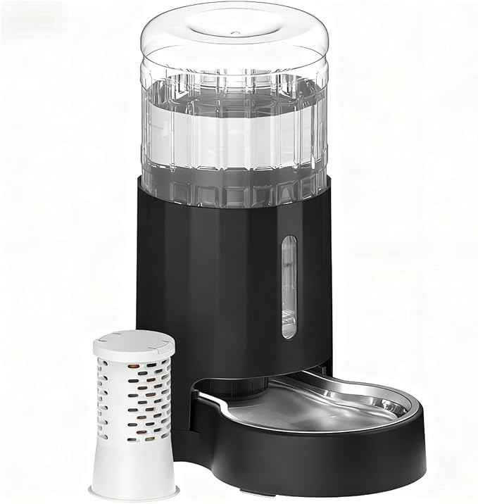 CZPET Automatic 4L Filter Dog and Cat Water Dispenser with Stainless Steel Bowl Gravity Waterer,Large Capacity and Drinking Area Noise-Free for Pets (Black)