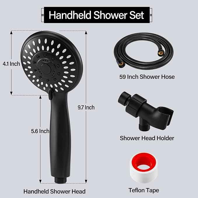 Shower Head with Handheld, Briout 5-Settings Showerhead High Pressure Powerful Water Spray Shower Head with Stainless Steel Hose and Adjustable Mount, Matte Black