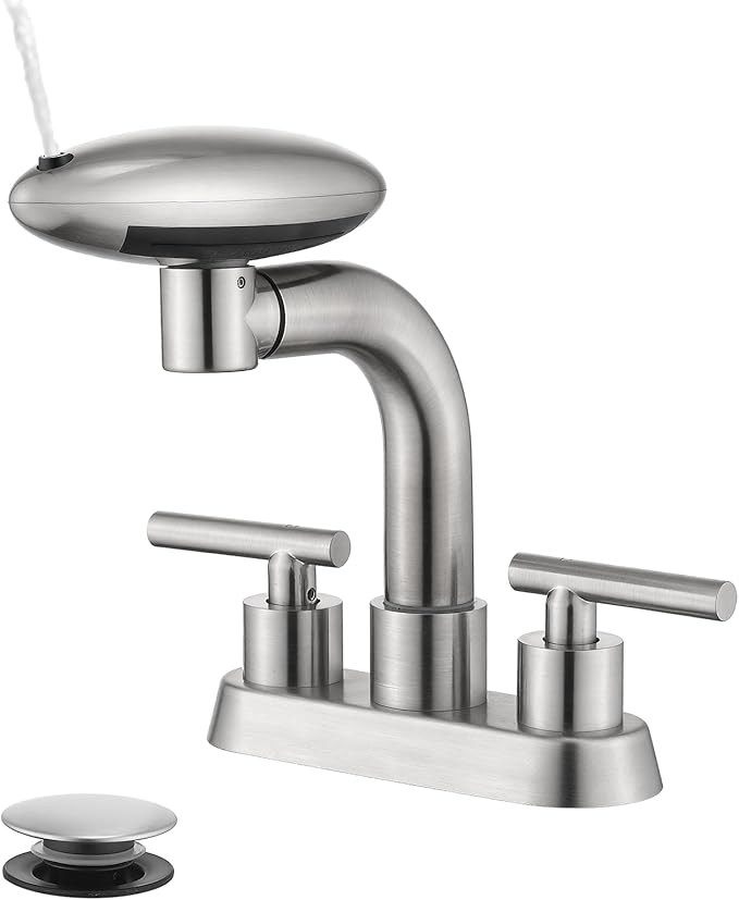 TUTEW Brushed Nickel Pull-Down Bathroom Faucet – 4-Inch Widespread 3-Hole Design, 360° Swivel Spout, 4 Spray Modes with Pop-Up Drain, Easy Install