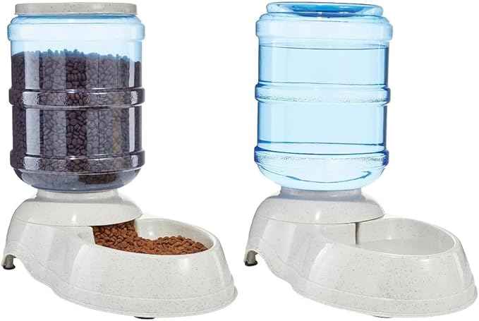 Amazon Basics Large Capacity Automatic Pet Water Dispenser and Gravity Feeder Set, Easy to Clean, 456.6fl.oz Food, 382.1fl.oz Water, Gray