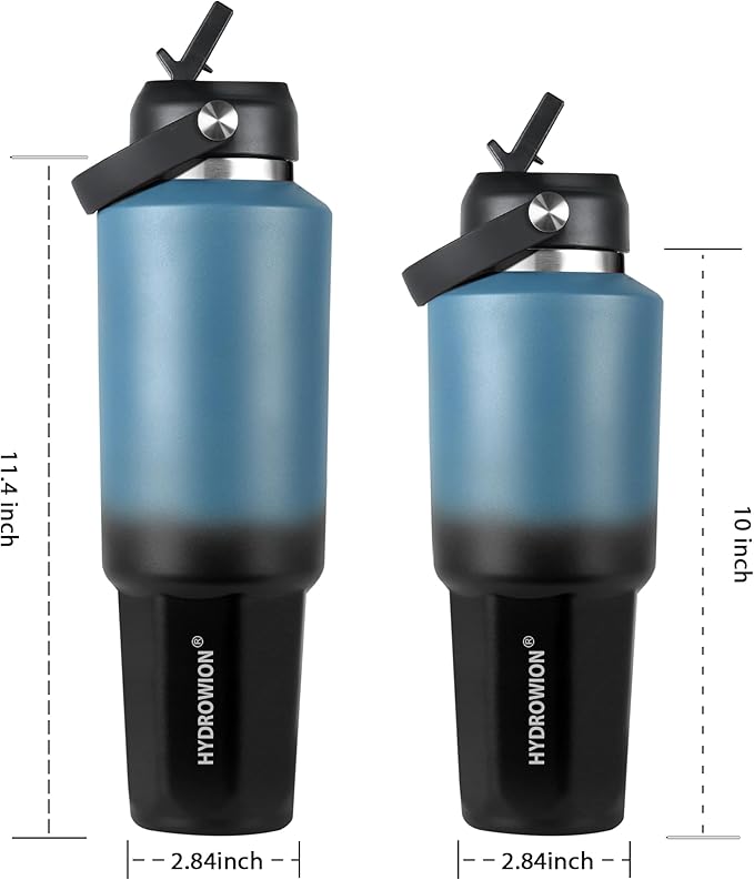 HYDROWION 40 oz Insulated Water Bottle, Car Water Bottle Holder - Double Wall Vacuum Insulated Travel Bottle with Straw Lid, Spout Lid and Flex Cap - Cold for 24H, Hot for 12H, Blue - Black