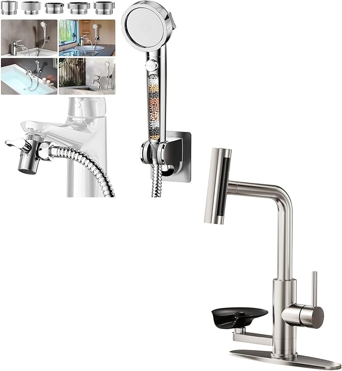 HOWUWEY Chrome Filtered Shower Sprayer with Sink Hose Attachment for Faucet & HOWUWEY Brushed Nickel Kitchen Faucet with Pull Down Sprayer & Cup Washer