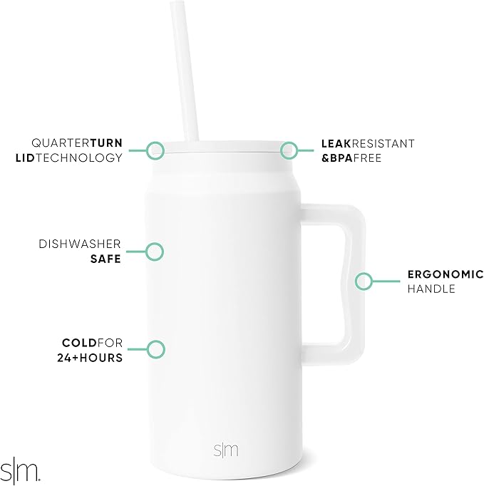 Simple Modern 50 oz Mug Tumbler with Handle and Straw Lid | Reusable Insulated Stainless Steel Large Travel Jug Water Bottle Gifts for Women Men Him Her Trek Collection 50oz Winter White