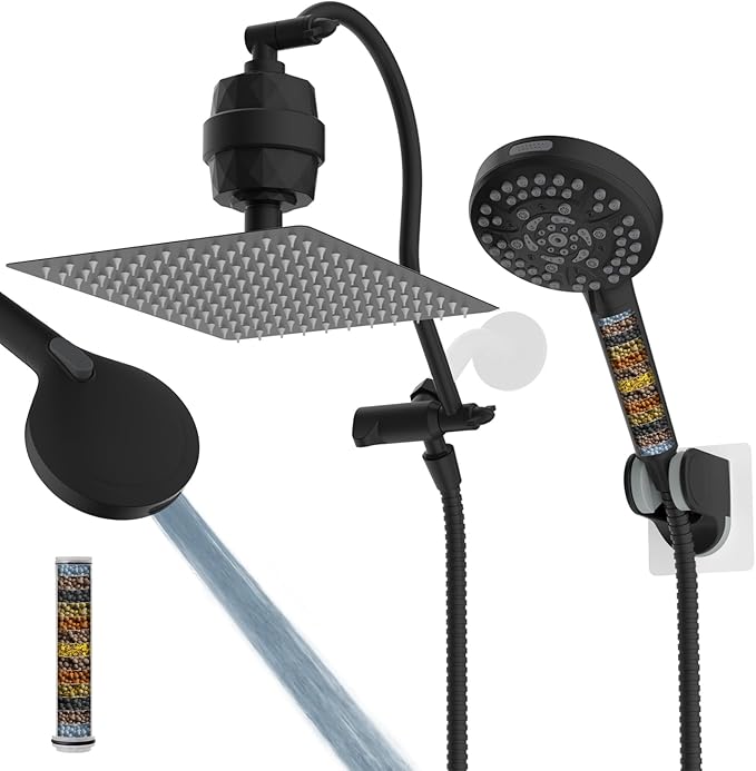 Hibbent All Metal 12'' Dual Filtered Rainfall Shower Head Combo, High Pressure Handheld Shower Head with 12'' Adjustable Curved Extension Arm, 20 Stage Shower Filter, 10-spray, 71'' Hose, Matte Black