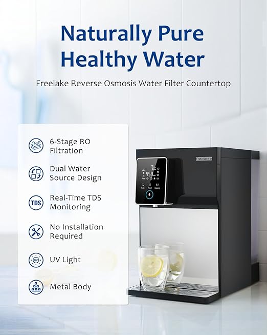 Reverse Osmosis Water Filter Countertop, 6-Stage RO System with UV, Dual Water Sources, Metal Body, 3:1 Pure to Drain, Smart TDS Monitor, Portable No Installation Water Purifier for Home