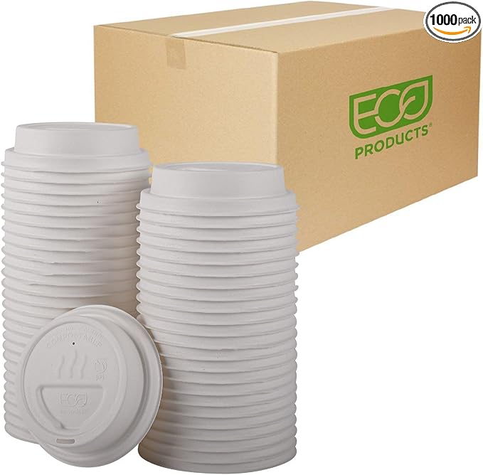 Eco-Products Compostable Molded Fiber Coffee Cup Lids, Case of 1000, White GreenStripe Tops, Fits 8oz Hot Cups, Disposable White Molded Fiber, No PFAS, Tree-Free, ASTM Compliant, BPI-Certified