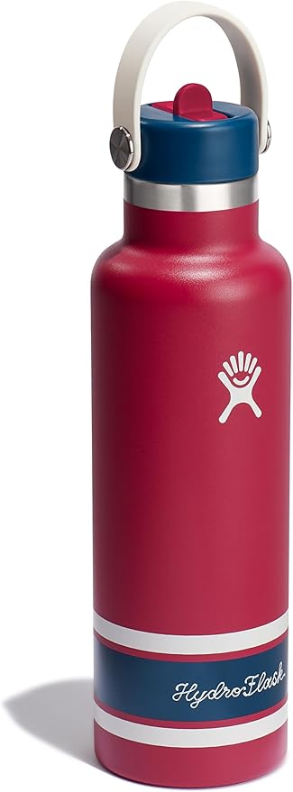 Hydro Flask Water Bottle - Insulated Stainless Steel - Standard Mouth Flex Straw Lid, Non Spill, Leakproof and Refillable in 21 Oz Campus Red