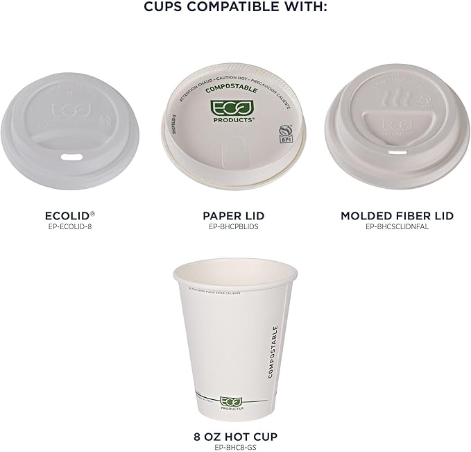 ECO PRODUCTS Compostable Disposable GreenStripe 8oz Coffee Cups, Case of 50, White Single Wall Hot Paper Cup, Plant Based PLA Lining, Biodegradable