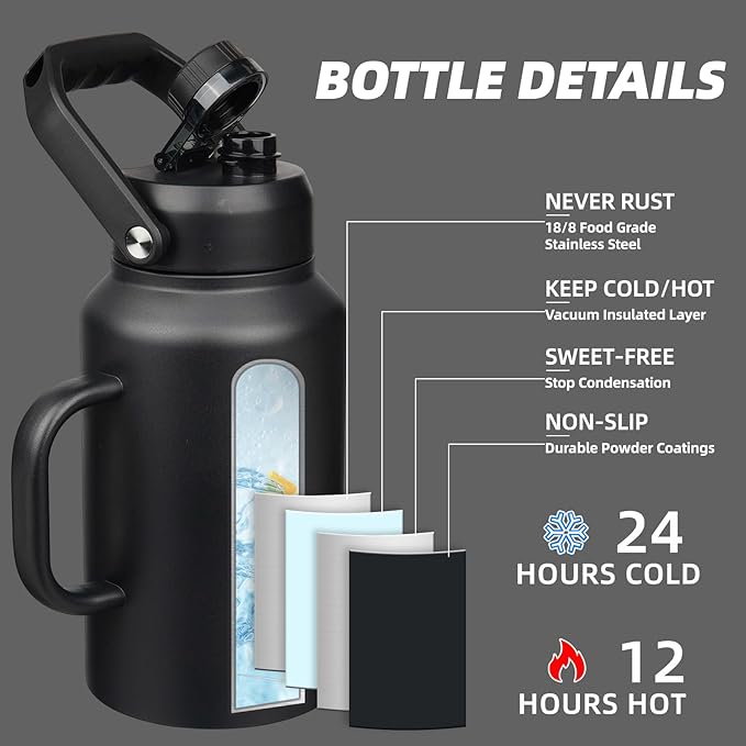 BJPKPK 87oz Insulated Water Bottle with Handle, Large Dishwasher Safe 2/3 Gallon Water Bottle, BPA Free Water Jug, Wide Mouth Metal Flasks with Anti-slip Bottom, Keep Cold & Hot,Black