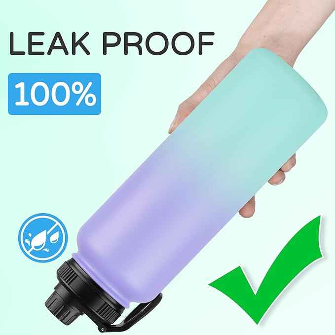 DOMICARE 40 oz Insulated Water Bottle, Vacuum Insulated Stainless Steel Sports Water Bottle with Straw Lid & Spout Lid, Leakproof, Reusable - Travel, Camping, Bike, Purple Green Gradient