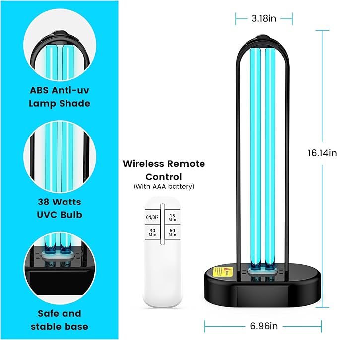 UV Light Sanitizer, Ultraviolet Lamp with Remote Control for Bed Bugs and Dust Mites, Home Disinfection Device UV Lamp for Home, Room & Kitchen, Ultraviolet Light with 3 Speed Timings