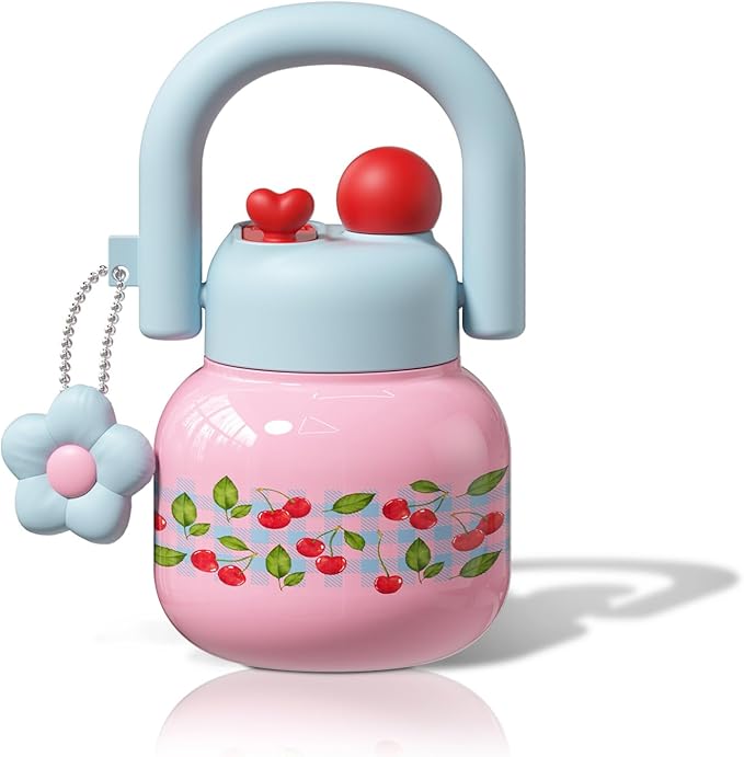 22 oz Tumbler with Straw and Carry Handle, Wide Mouth Insulated Stainless Steel Travel Water Bottle, Aesthetic Gingham Pink & Blue Water Flask for School, Vintage Cottagecore Gift for Girls