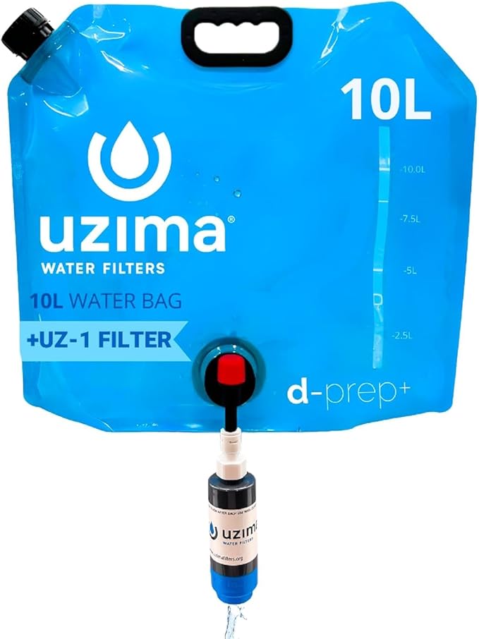 Uzima D-Prep Plus Emergency Water Filtration & Storage System – 10L Collapsible Gravity Water Storage Container with UZ-1 Filter for Safe Drinking – Portable Survival & Camping Bladder