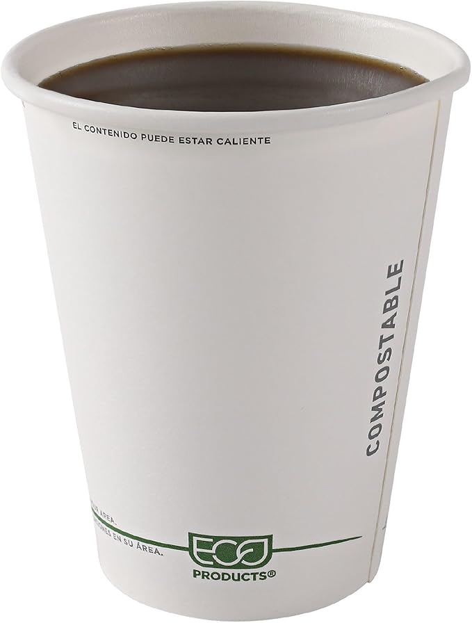 ECO PRODUCTS Compostable Disposable GreenStripe 12oz Coffee Cups, Case of 1000, White Single Wall Hot Paper Cup, Plant Based PLA Lining, Biodegradable