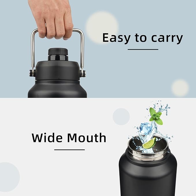 1 Gallon Jug with Handle,128 oz Insulated Water Bottle with Carrying Pouch, Double Wall Vacuum Stainless Steel Metal Bottle,Black