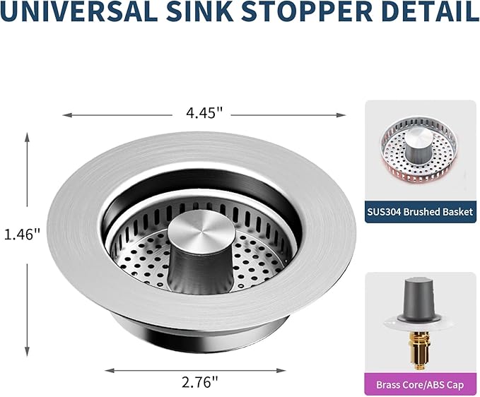 PROFECTUS 3 in 1 Kitchen Sink Drain Strainer and Stopper, 304 Stainless Steel Pop Up Sink Drain Stopper with Hair Catcher, Anti-Clog Sink Strainer for Standard 3-1/2” Kitchen Drains (SUS304 Brushed)