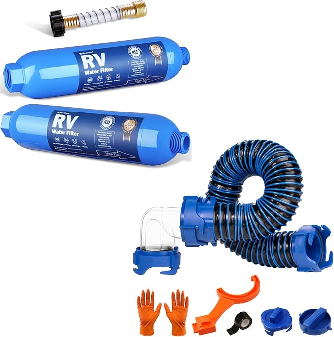SheeChung 3FT RV Sewer Hose, Heavy-Duty RV Black Tank Hose, Sewer Hose for RV Camper Portable Waste Tank & RV Water Filter 2Pack with Flexible Hose Protector, NSF Certified, Inline Hose Water Filter