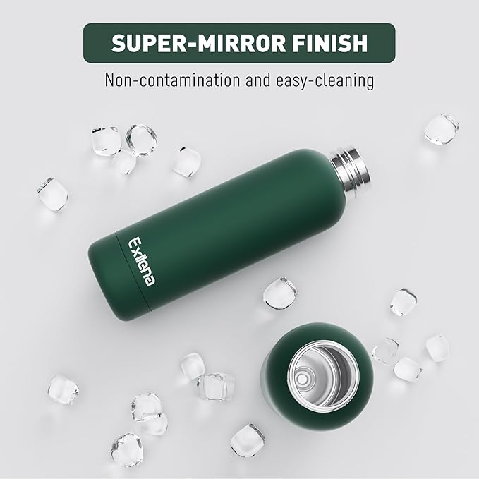 Exllena Slim Insulated Water Bottles for Travel 18oz with Clip, Double Wall Vacuum Stainless Steel Water Bottle Keeps Drinks Cold 24 Hrs/Hot 12 Hrs, 100% Leakproof, BPA Free(Emerald Green)
