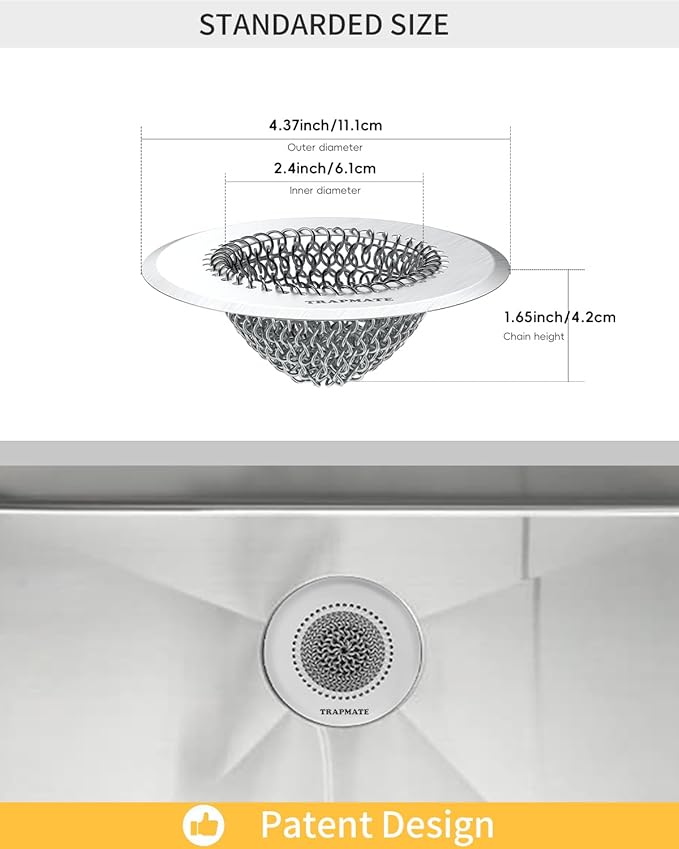 TRAPMATE Kitchen Sink Drain Strainer, Stainless Steel Sink Drain Strainer, 4.4 inch Sink Strainer Basket, Upgrade Anti-Clogging Garbage Disposal Strainer For US Standard Kitchen Drain, Dishwasher Safe