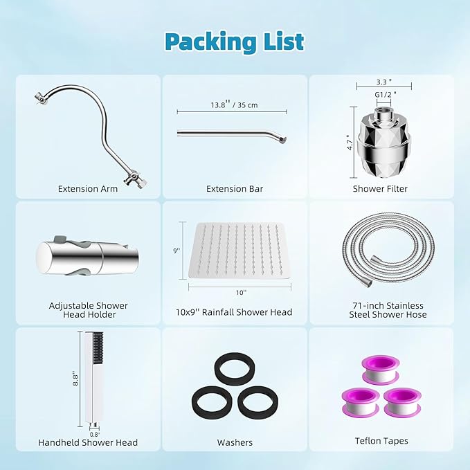 Hibbent All Metal 10'' Filtered Rainfall Shower Head, High Pressure Showerhead combo with 4-mode Handheld Spray, 12'' Extension Arm, Extension Bar with Holder, Shower Filter, Chrome