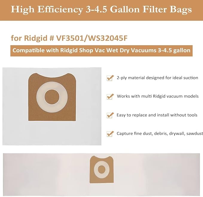 2 Pack VF3500 Filter Replacement for Ridgid Portable Vac 3-4.5 Gallon Wet Dry Vacuums + 4 Pack VF3501 Filter Bags (6 Pack) - AquaVibe