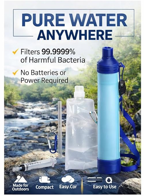 Portable Water Filter Straw Kit – Emergency Survival Water Purifier, 99.99% Bacteria Removal, Lightweight Camping & Outdoor Filtration System with Collapsible Water Bag